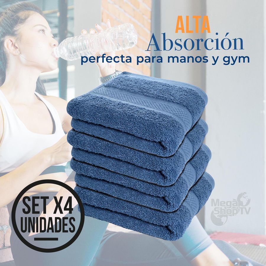 Kit X4 Toallas de mano hotelera 100% algodón para entrenamiento Azul