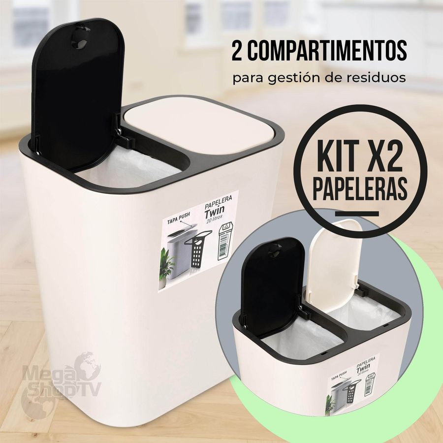 Papelera de reciclaje doble, gran capacidad (25 galones por contenedor),  construcción de plástico, peso ligero, con sistema de etiquetas