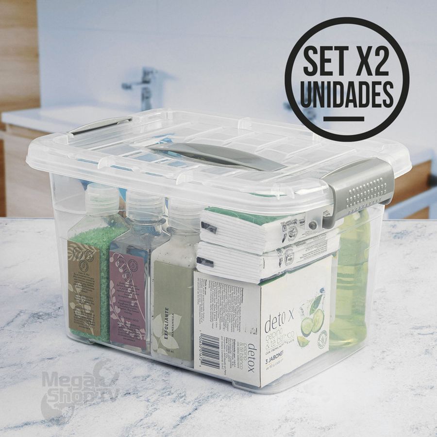 2 Cajas organizadoras plásticas transparentes con tapa 5.5 L Gris